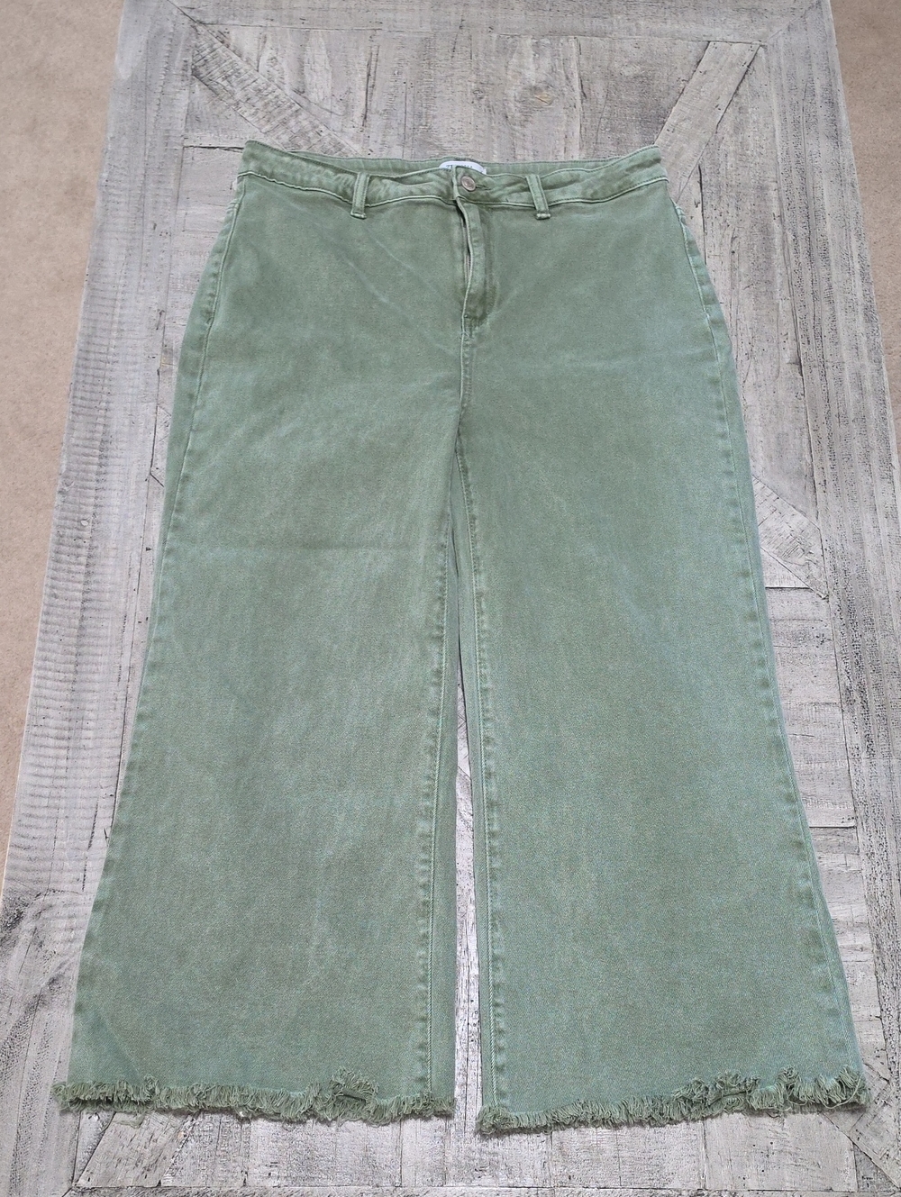 Zenana Olive Green Wide-Leg Frayed Hem Jeans
